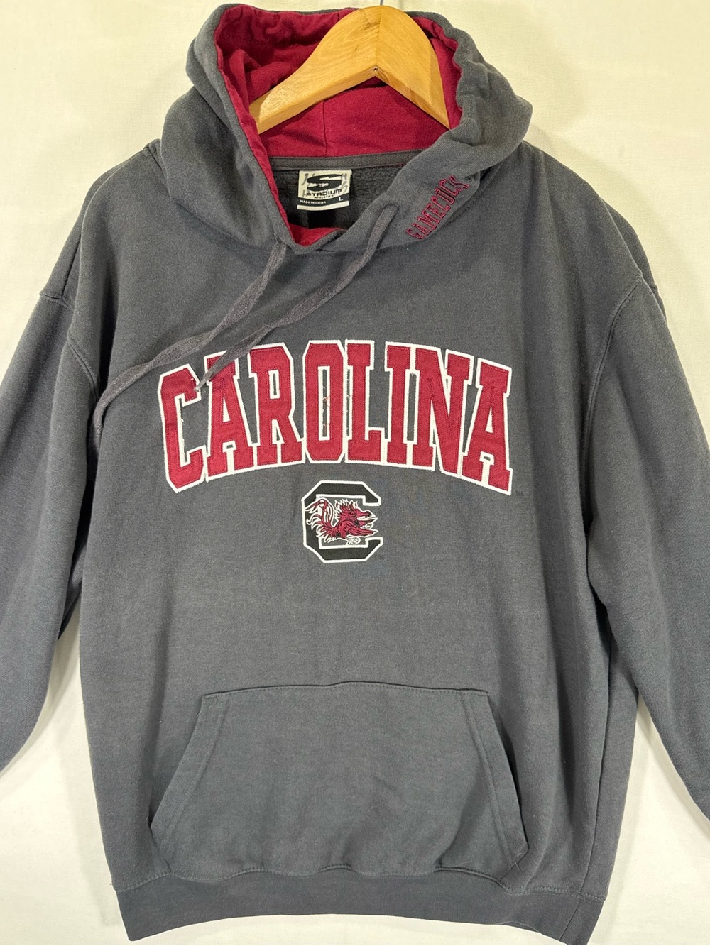 Stadium Athletics Gray Hoodie with Garnet Trim - Carolina Lettering